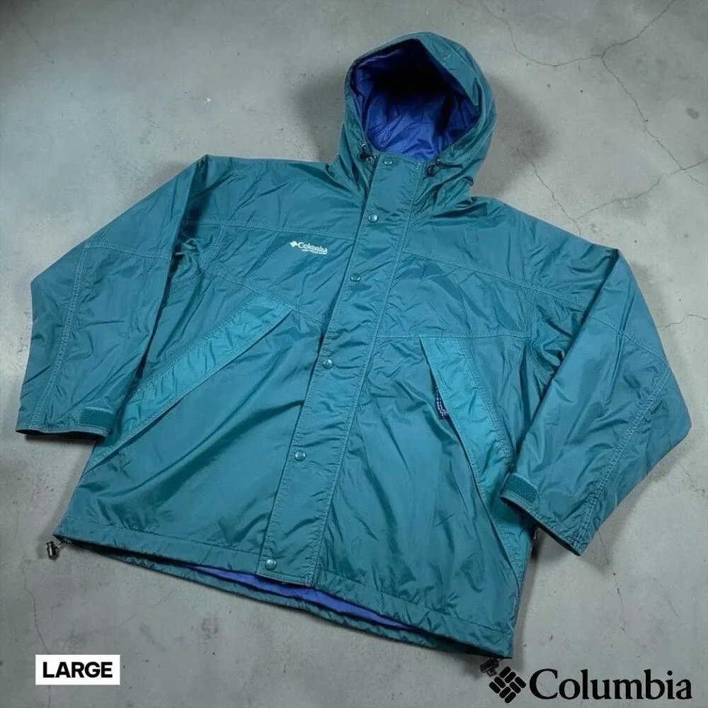 Vintage 90s Columbia Jacket Mens LARGE Green Hooded Waterproof Rain Coat